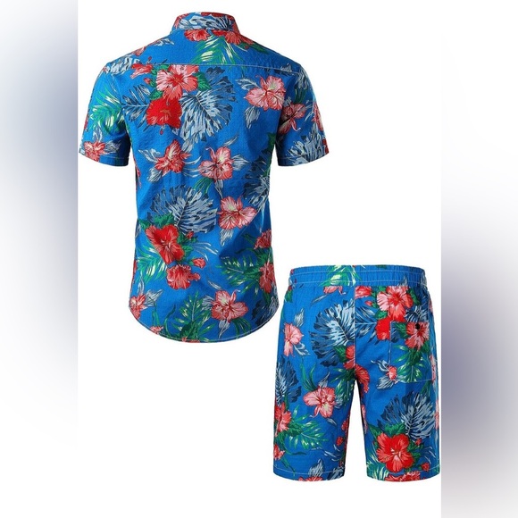 Men's Flower Casual Button Down Short Sleeve Hawaiian Shirt Suits - Picture 1 of 7